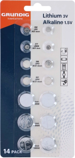 Set knoopcelbatterijen GRUNDIG AG en CR, 14 stuks