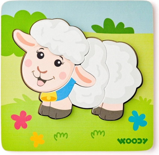 Woody baby inlegpuzzel schaapje 5 stukjes op een plank - 1 stuk