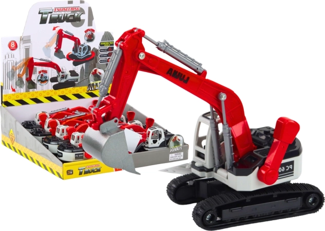 Metalen rupsbandgraafmachine rood-wit met schep