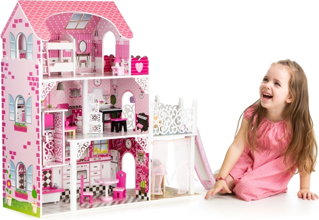 Houten poppenhuis met glijbaan