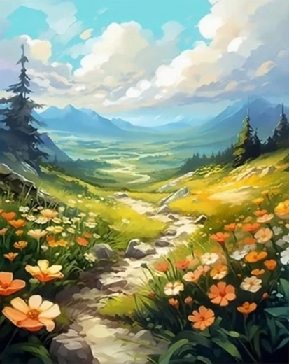 Diamantschilderen Bloemrijke bergweg 30 × 40 cm