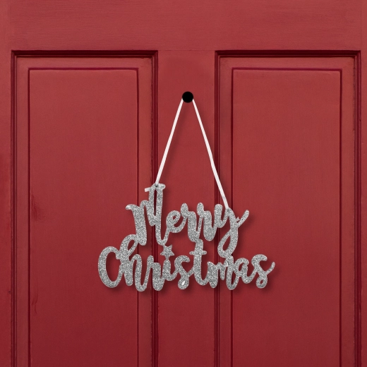 Kerstdecoratie met opschrift Merry Christmas, zilverkleurig
