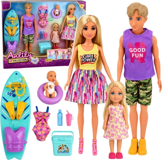 Anlily familie-set poppen surfers met baby en strandaccessoires