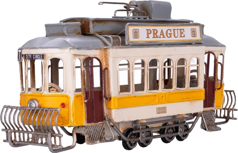 Metalen model van gele tram Prague 27,5 cm – decoratie en verzamelmodel