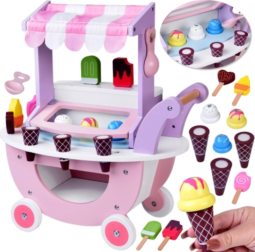 Houten pastel ijskraam op wieltjes met 8 soorten ijs