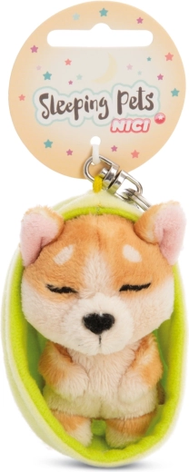 Nici sleutelhanger slapende Welsh Corgi 12 cm met groen etui