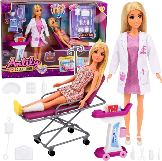 Anlily Collection set: dokters-pop met patiënte, ziekenhuisbed en medisch karretje