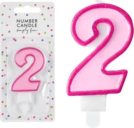 Roze verjaardagscijferkaars 2, roze, 7 cm - 1 stuk