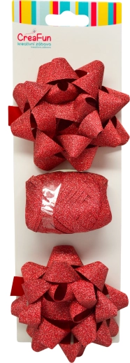 Glinsterende rode cadeau-inpakset met lint en stervormige strikken