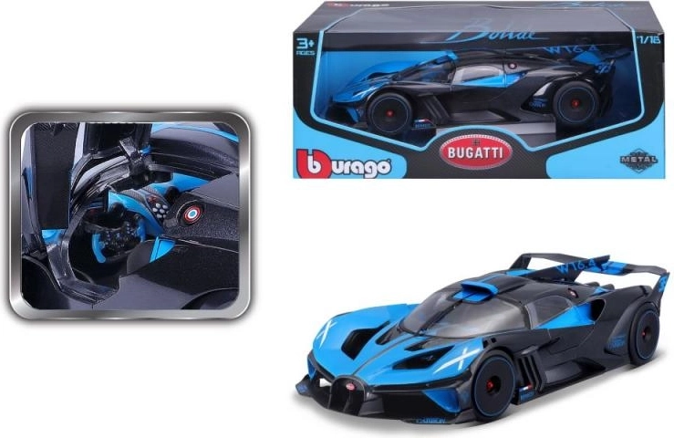 Metalen automodel 1:18 BUGATTI Bolide blauw‑zwart