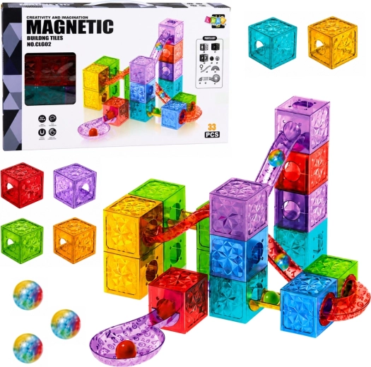 Magnetische bouwset – kleurrijke transparante blokken met knikkerbaan (33 onderdelen)