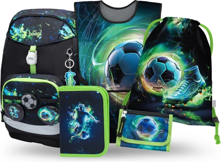 Školní set BAAGL Airy Plus Voetbal – rugzak, etui, gymschoenenzak, schort en nekportemonnee