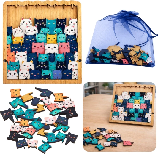 Houten puzzel kittens – educatieve logische legpuzzel met frame en zakje, 62 stukjes