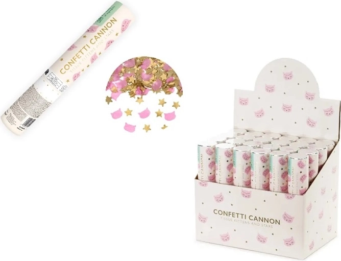 Confettikanon met gouden sterretjes en roze kittensconfetti, 20 cm