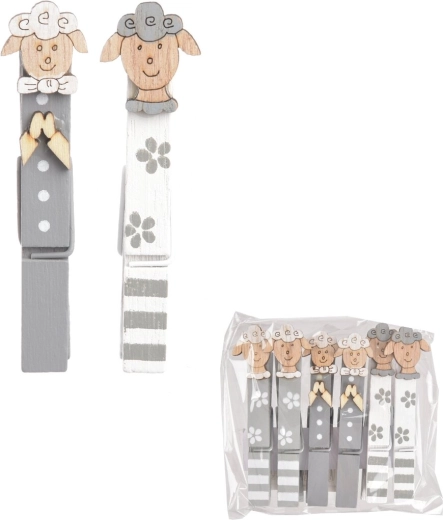 Houten decoratieve wasknijpers met schaapmotief 9 cm, 6 stuks