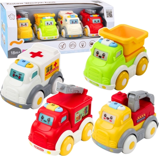 Stadsautootjes voor kleine kinderen met mechanische aandrijving, licht en geluid – set van 4 voertuigen