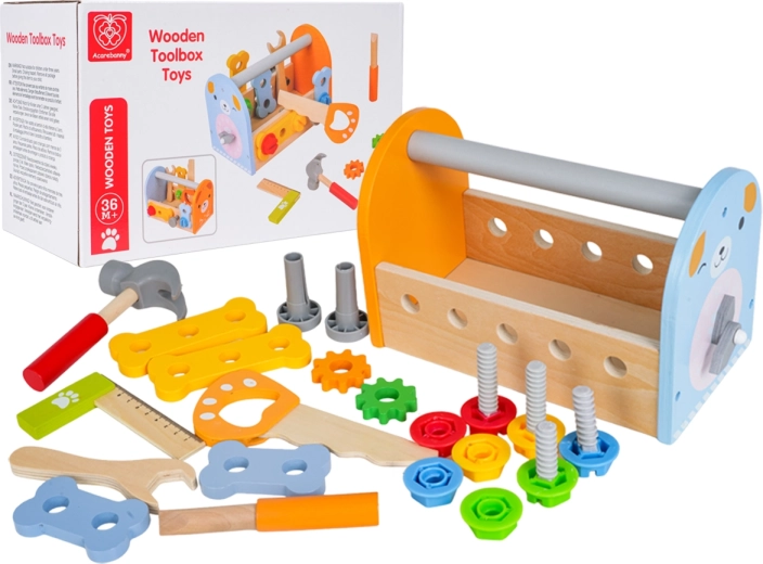 Houten kindergereedschapset met box en klok