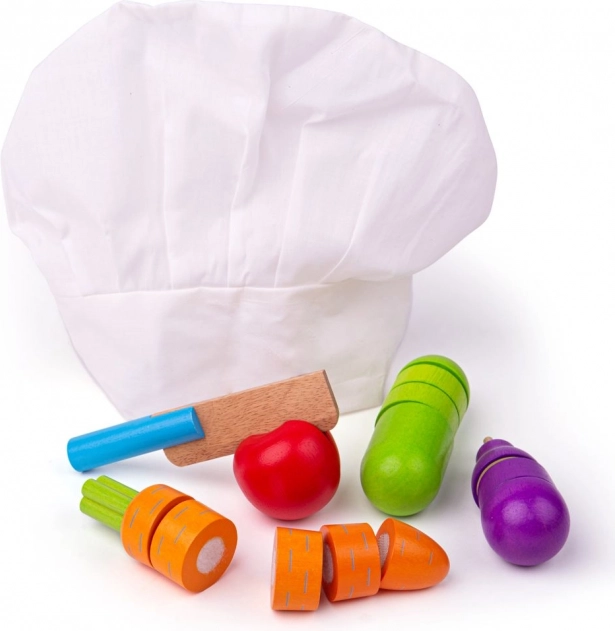 houten snijgroenten met koksmuts BIGJIGS TOYS