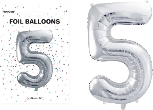 Folieballon cijfer 5 zilver 86 cm