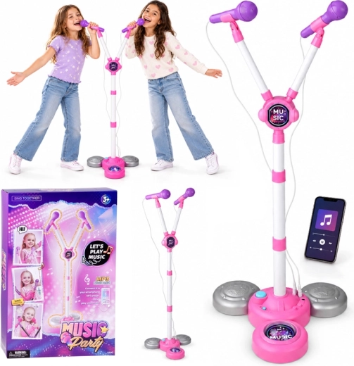 Kinderkaraokeset met twee microfoons op een verstelbare standaard