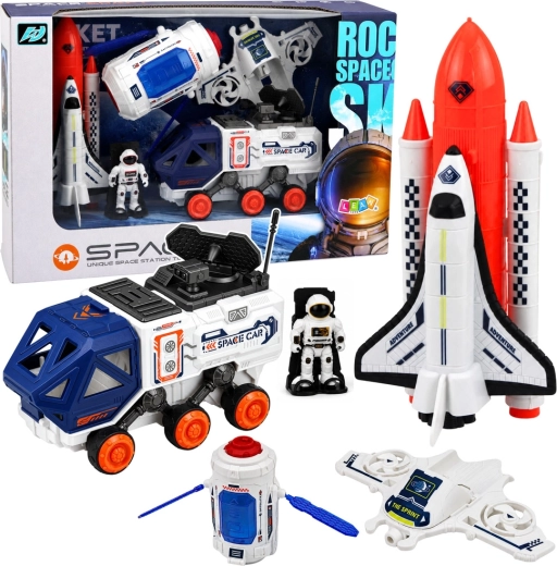 Ruimteset met raket, spaceshuttle, satelliet, drone, astronaut en voertuig