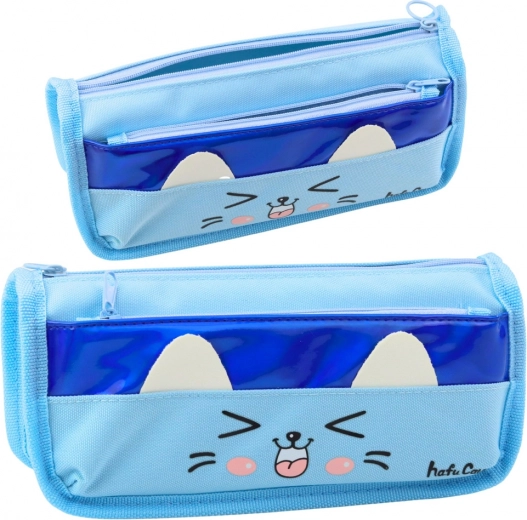 Dubbelvaks etui met kattenmotief blauw 22 cm