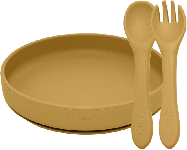 Petite&Mars eetset van siliconen Take&Match bord en bestek intense ochre 6m+