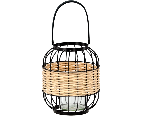 Metalen-houten lantaarn met glazen inzet, hoogte 24/39 cm