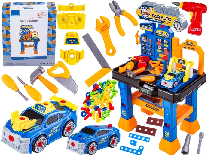 Kinderautoservice en werkbank met gereedschap 3-in-1 (wasstraat en tankstation)