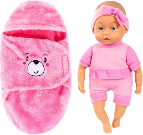 Bayer Bobas babypop met roze inbakerdoek 35 cm