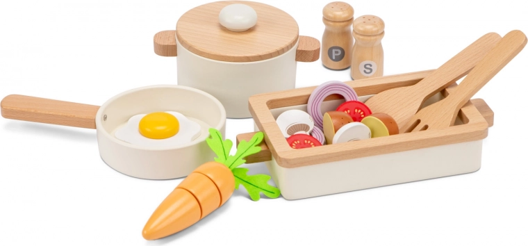 Houten servies-set voor de kinderkeuken