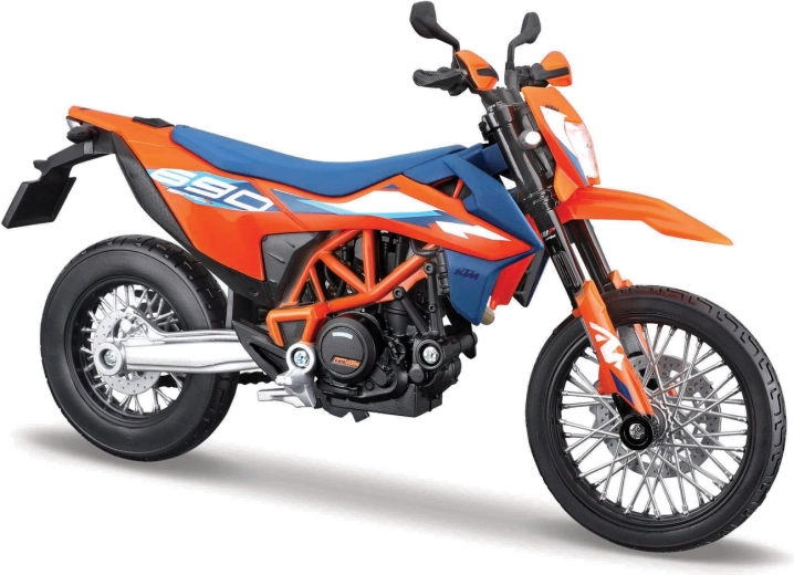 Maisto motorfietsmodel 1:12 KTM 690 SMC R (2023) met standaard – oranje‑blauw