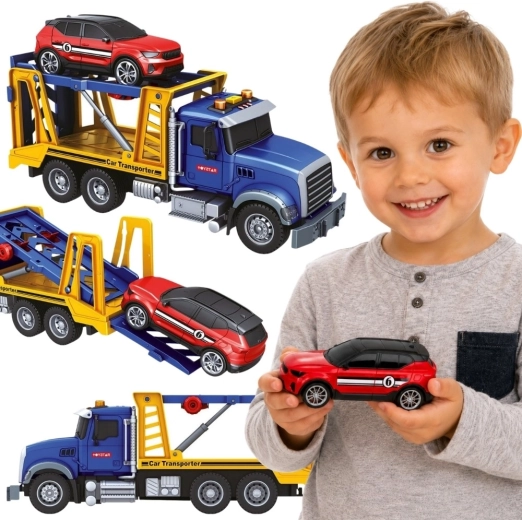 Woopie takelwagen met autotransporter en auto met licht en geluid 1:14