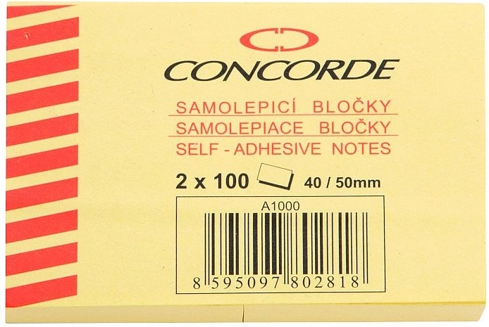 Zelfklevend memoblok geel 40 × 50 mm CONCORDE, 2 × 100 vellen