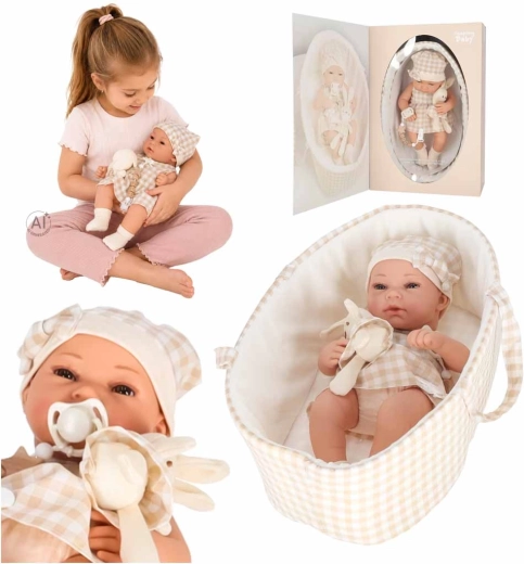 Beige babypop 38 cm met draagmandje, fopspeen en pluchen konijntje