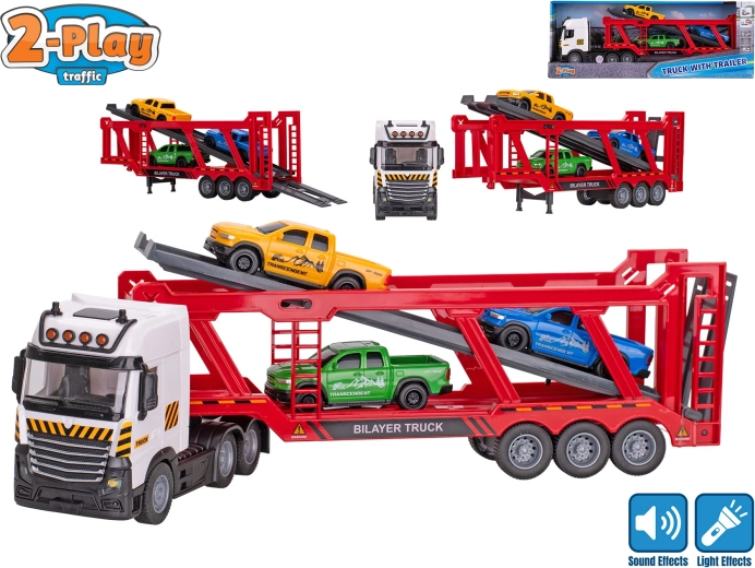 2-Play Traffic autotransporter met vliegwiel, licht en geluid + 3 autootjes 38 cm
