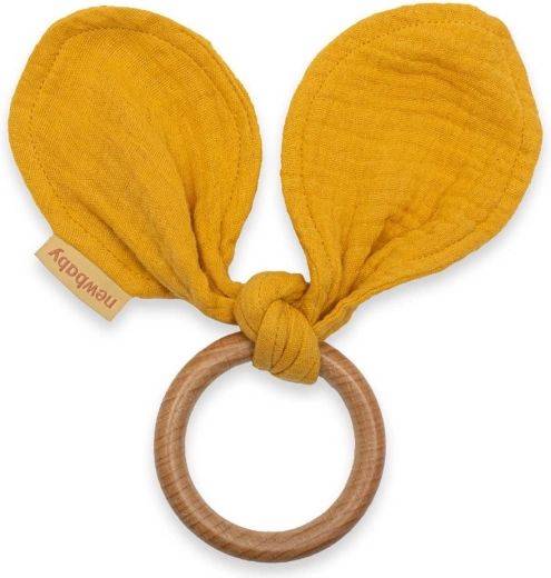 Bijtring met mousseline doek New Baby Ears mosterd