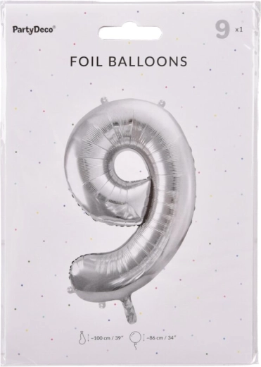 Folieballon nummer 9 zilverkleurig 86 cm