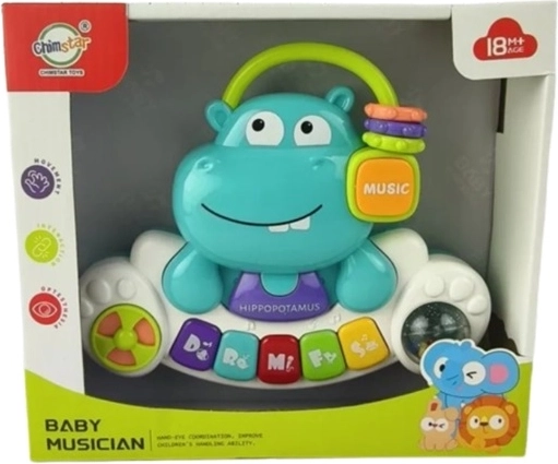 Kinderpiano met nijlpaardmotief in doos