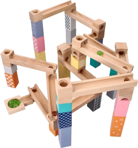 Houten pastel knikkerbaan, 53 delen + 6 glazen knikkers