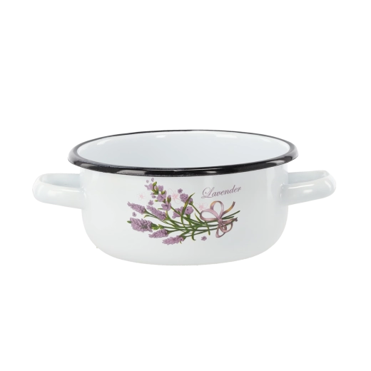 Geëmailleerde steelpan met twee handvatten 1,5 l, 16 cm, wit – lavendelmotief
