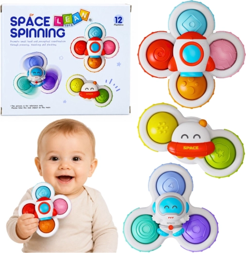 Sensorische spinners met zuignap voor baby’s – ruimtethema, set van 3 stuks