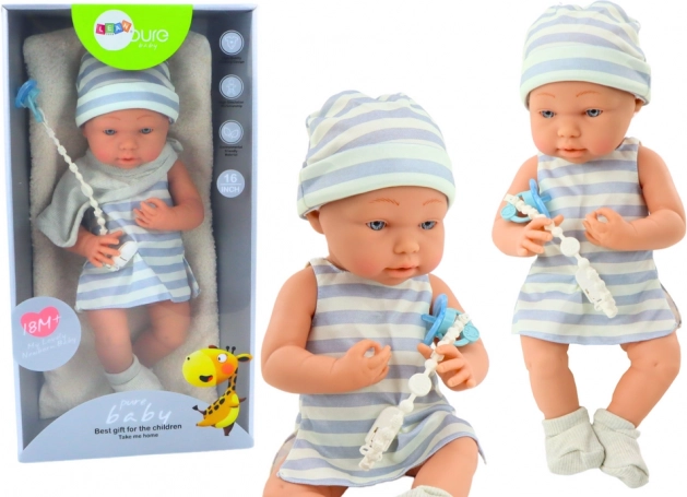 Pop Baby in Wit-Blauw Outfit met Muts en Speen