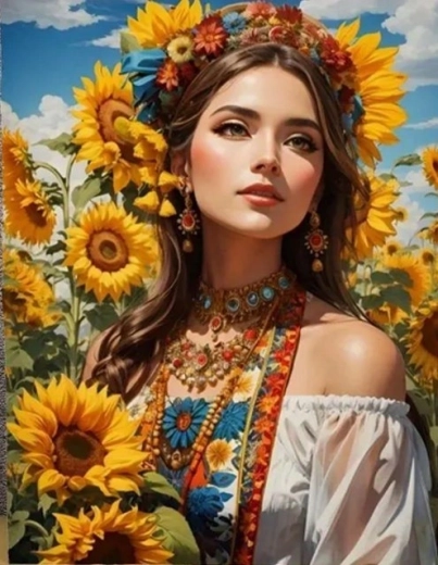 Diamantschilderen Slavische vrouw tussen zonnebloemen 30 × 40 cm