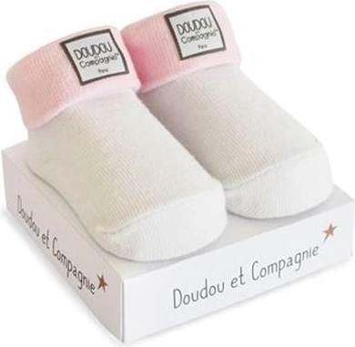 Doudou baby sokjes voor een meisje, 0–6 maanden, wit met roze bies