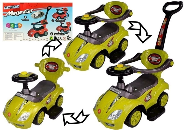 Loopfiets met duwstang Mega Car 3-in-1 – geel