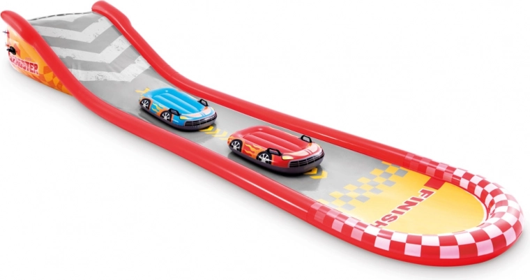 Opblaasbare racebaan met glijbaan en drijvers
