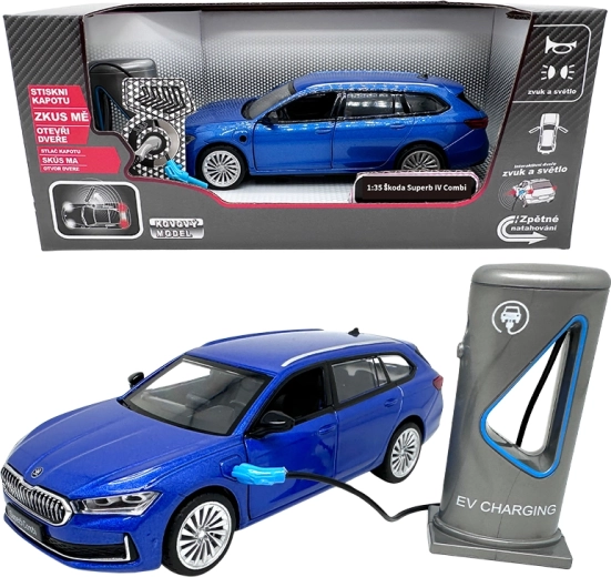 Metalen model Škoda Superb IV Combi met laadstation, blauw 1:35