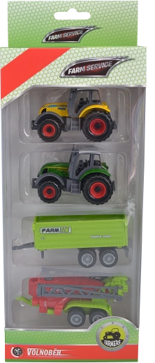 Farmservice – set landbouwmachines 1:64 (2 tractors, een plateauwagen en een sproeier)