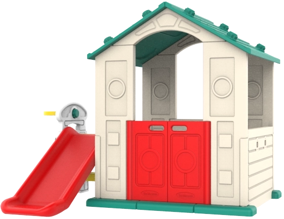 Kinder tuinhuisje met groen dak en glijbaan